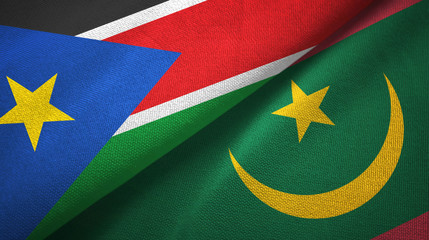 South Sudan and Mauritania two flags textile cloth, fabric texture