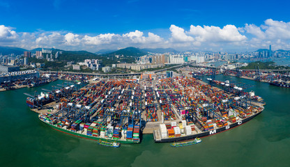 Drone fly over Kwai Chung Cargo Terminal in Hong Kong