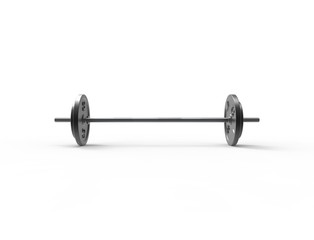 3D rendering of a metal barbell with weights on it isolated in white background.