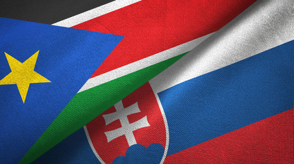 South Sudan and Slovakia two flags textile cloth, fabric texture