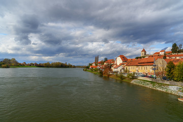 Fototapeta na wymiar View of River Drava and old city Ptuj. Slovenia
