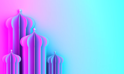 Arabic window or mosque paper cut o blue violet purple pink gradient background. Design creative concept of islamic celebration day ramadan kareem or eid al fitr adha. 3D rendering illustration.