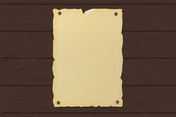 Western vintage brochure nailed to a wooden wall. Old poster for wanted and missing messages