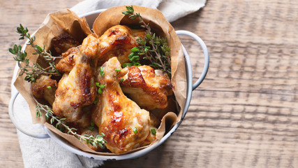 Fried Chicken Wings. Top view, flat lay with copy space