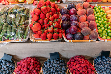 big choice of fresh Fruit and vegetable market. Various colorful fresh fruits and vegetables. Fresh and organic vegetables at farmers market