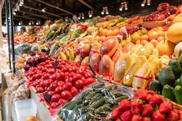 big choice of fresh Fruit and vegetable market. Various colorful fresh fruits and vegetables. Fresh and organic vegetables at farmers market