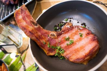 Pork Chop Rib part fat and gender from chef which delicious taste good look, Smoked steak Ham Pork in American Style BBQ grill on natural charcoal to make good smell