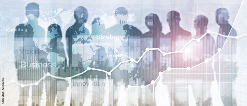 Poster business abstract background double exposure graph, chart and diagram. world wide map and. global bu