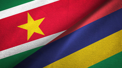 Fototapeta premium Suriname and Mauritius two flags textile cloth, fabric texture