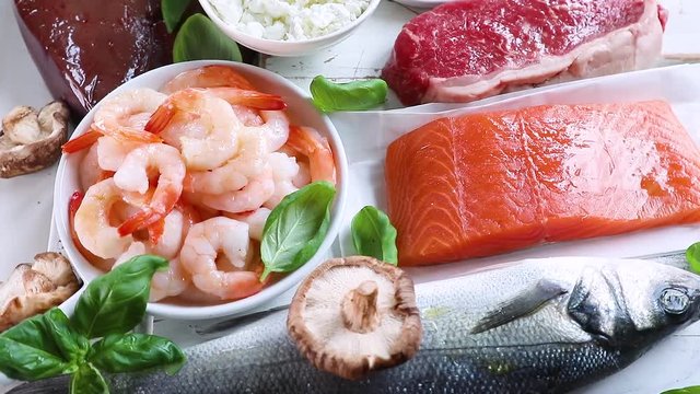 Natural sources of Vitamin B12 (Cobalamin). Healthy diet eating. Top view