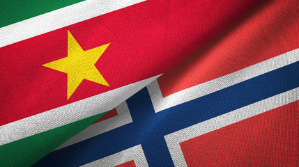 Suriname and Norway two flags textile cloth, fabric texture