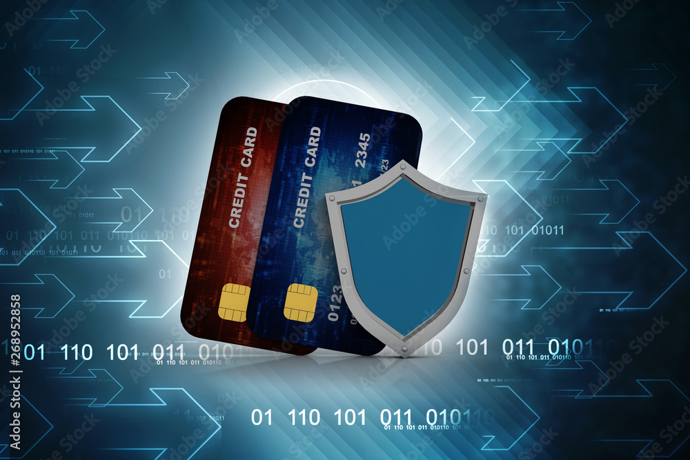 Poster 3d rendering shield on credit or debit card