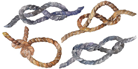 Set of sea rope nots. Watercolor background illustration set. Isolated sailing not illustration element. © yanushkov