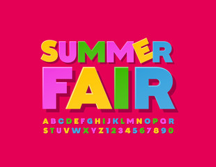 Vector bright poster Summer Fair with Uppercase Alphabet Letters and Numbers. Trendy Colorful Font