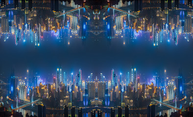 Skyscraper buildings upside down reflection inception futuristic concept in urban city at night,...