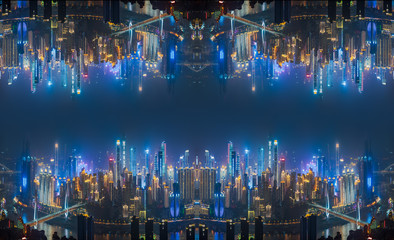 Skyscraper buildings upside down reflection inception futuristic concept in urban city at night, Chongqing, China