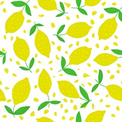 Hand drawn Lemon seamless pattern with leaves.