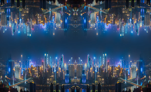 Skyscraper buildings upside down reflection inception futuristic concept in urban city at night, Chongqing, China