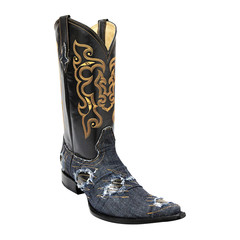 Ripped denim fabric cowboy boot on white background