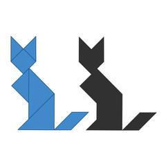 cat Tangram. Traditional Chinese dissection puzzle, seven tiling pieces - geometric shapes: triangles, 