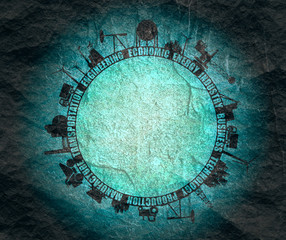 Circle with industry relative silhouettes. Objects located around the circle. Industrial design tags cloud. Field for text in the center.