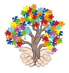 hands holding a tree with puzzles. autism. vector illustration.