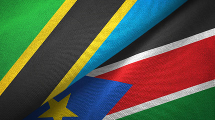 Tanzania and South Sudan two flags textile cloth, fabric texture