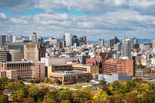 View of Osaka skyline from Osaka Castle on a beautiful day in autumn