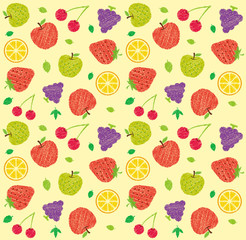 Seamless textile pattern illustration with fruits and flowers (handwriting style / Colored pencil stroke) /light orange