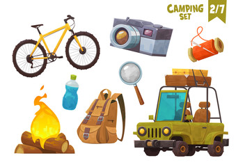 Bike bonfire backpack car with suitcases bottle camera camping set