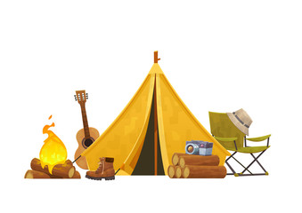 Camping concept with tent guitar bonfire chair and camera - obrazy, fototapety, plakaty
