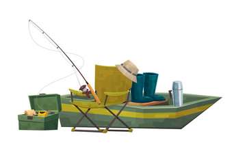 Illustration fisherman equipment boat and chair rod