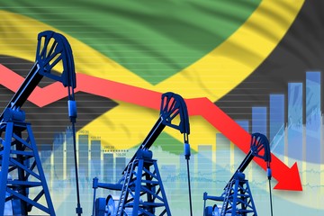 lowering, falling graph on Jamaica flag background - industrial illustration of Jamaica oil industry or market concept. 3D Illustration