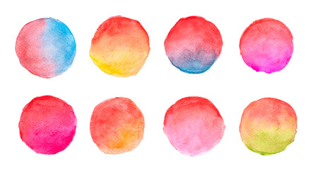 Circle shape design elements. Set of multicolored watercolor, Colorful circle watercolor hand drawn illustration on a white background