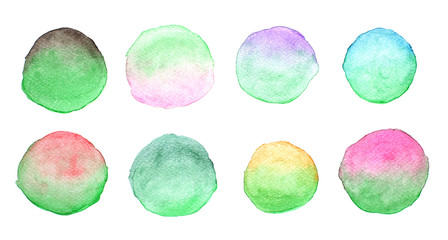 Circle shape design elements. Set of multicolored watercolor, Colorful circle watercolor hand drawn illustration on a white background