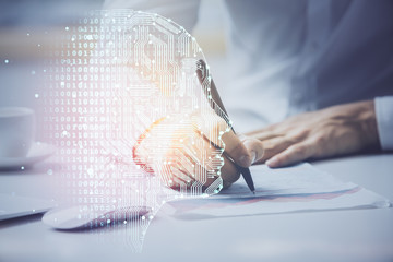 Man with multi exposure brain theme icons.