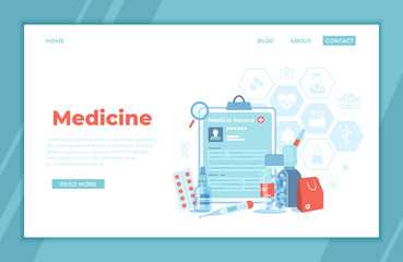 Medicine, Healthcare, Pharmaceuticals, Red Cross, First aid to the patient, Science. Medical equipment, record, package, thermometer, pills, spray, drops. landing page template or banner. Vector
