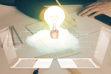 Innovative your business. Idea concept icon on writing man's hand background. Multi exposure.