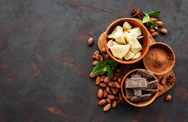 Cocoa beans, butter and chocolate