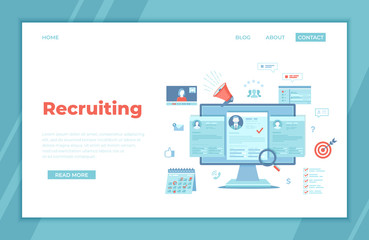 Recruitment platform, agency, hr. Human resources, Employment, Selection of the best candidate. Resume, megaphone, computer, calendar, video connection, interview. landing page template, banner Vector