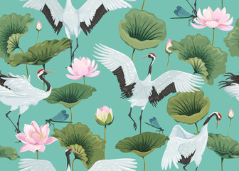 Fototapety  seamless pattern with lotuses and Japanese cranes