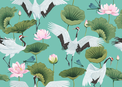 seamless pattern with lotuses and Japanese cranes
