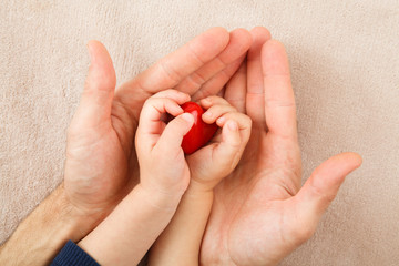 adult and child hands holding red heart