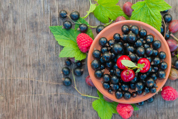 Ripe berry black currant in a ceramic plate with green leaves on a wooden table vintage, copy space, close-up