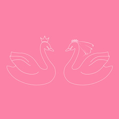 Two swans. Wedding symbols of the bride and groom. Stylized vector graphic isolated on a pink background.