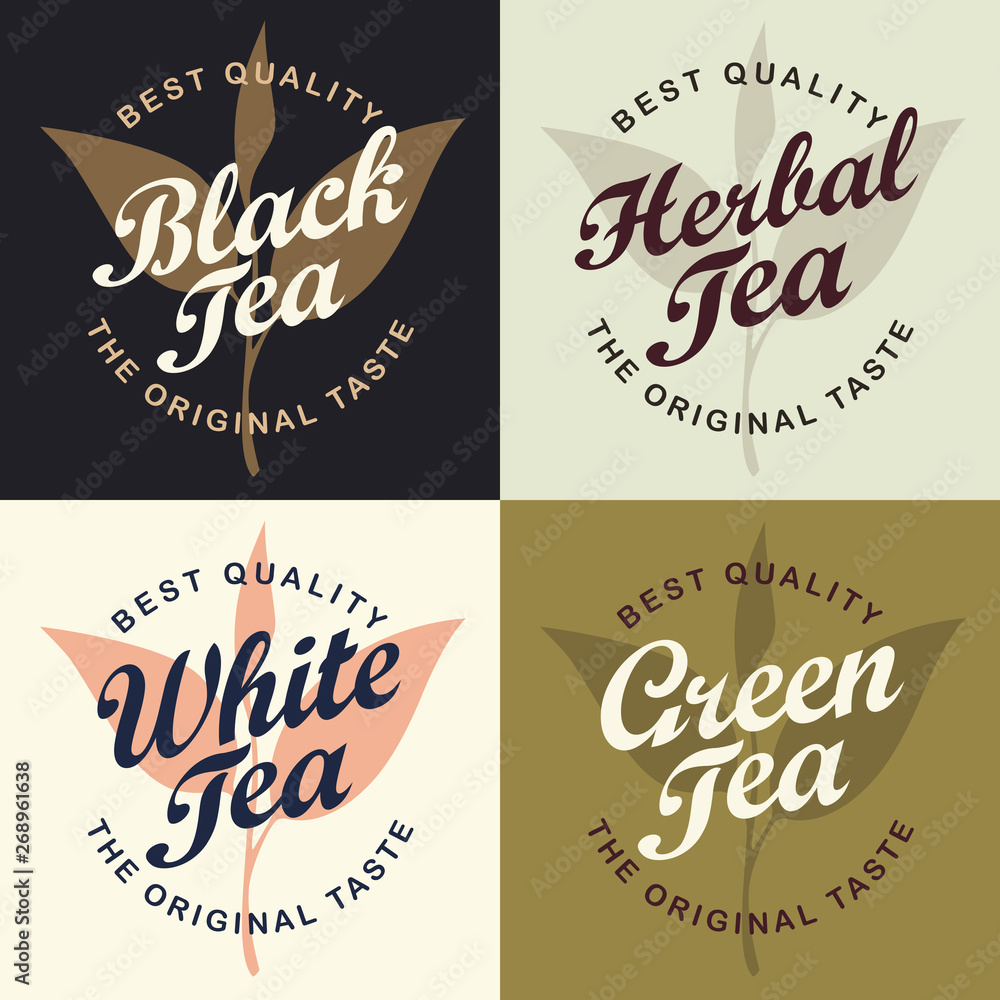 Poster set of four vector banners or labels for various types of tea in retro style with tea twigs and call