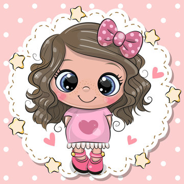 Cute Cartoon girl with pink bow