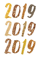 Fototapeta na wymiar 2019 Numbers Collage with Different Cereals and Edible Seeds