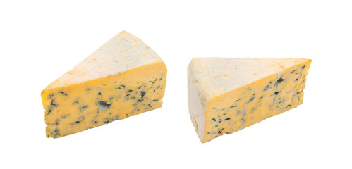 Piece of Blue Cheese on White Background Close Up