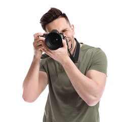 Handsome male photographer on white background